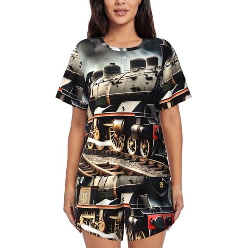 IPPONGET Conjunto de pijama de 2 piezas de manga corta con cuello redondo y estampado de tren de locomotora de vapor para mujer, para las cuatro estaciones, Negro, L