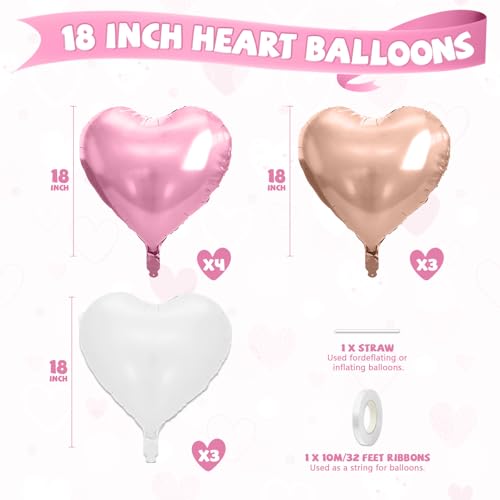 Image of Rose Gold Heart Balloons, 10 Pcs Light Pink Heart Shaped Balloon, 18 Inch Rose Gold and White Foil Balloons Helium for Girls Women Brithday Bridal Baby Shower Wedding Valentines Party Decorations