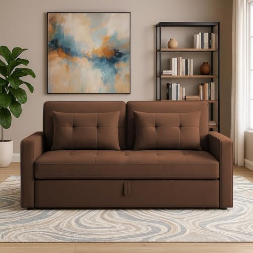 Image of Emilio 2 Seater Pull-Out Sofa Cum Bed | Premium Fabric Convertible Sleeper Sofa Set Space Saving for Living Room Office Home Guests Daily Use | 1 Year Warranty | Brown Colour Fabric Sofa