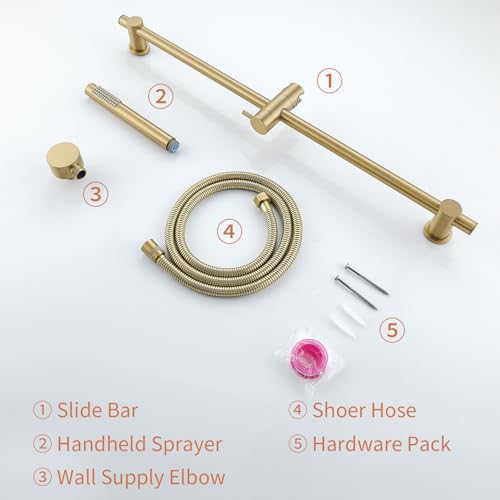 Barra deslizante para ducha ajustable de 28" con cabezal de ducha manual acabado en oro cepillado | Rociador de alta presión — Ajuste fácil de altura y ángulo, incluye codo de suministro de pared y manguera de ducha de 59" miniatura 7