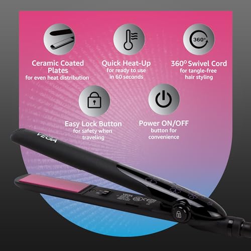 Vega Adore Hair Straightener for Women with Ceramic Coated Plates & Quick Heat-Up, Power ON/OFF Button,, Easy Lock Button, 1 Year Warranty, (VHSH-18), (Made in India) - Image 5