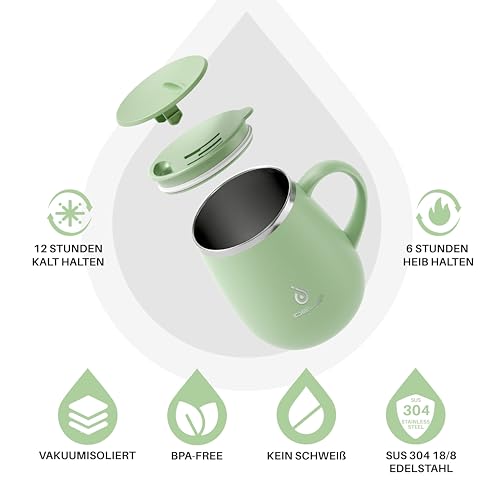 Ideus Kaffeebecher 470 ml (16 oz), doppelwandige vakuumisolierte Kaffee- und Teetasse aus Edelstahl mit rutschfestem Griff und Schiebemoduldeckel und großem Volumen (Grasgrün) – Bild 2