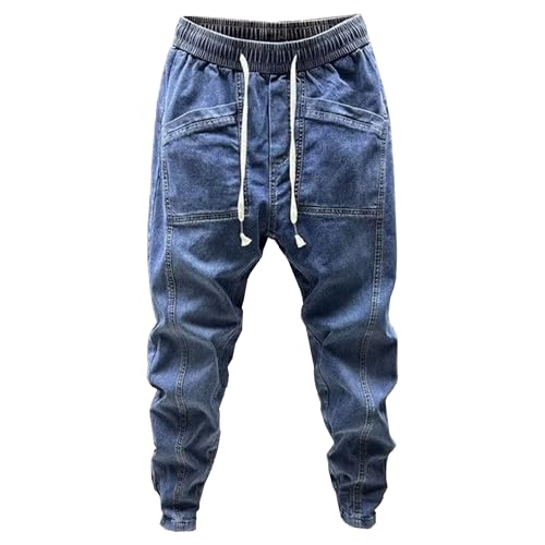 Men's Stretchy Drawstring Jeans Elastic Waist Slim Fit Denim Pants Tapered Regular Washed Jean Pant