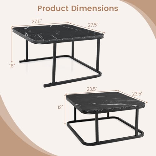 Image of Giantex Nesting Coffee Table Set of 2, Faux Marble Center Table with Metal Frame, Modern Square Accent Cocktail Table, Small Coffee Table for Living Room, Small Spaces (Black)