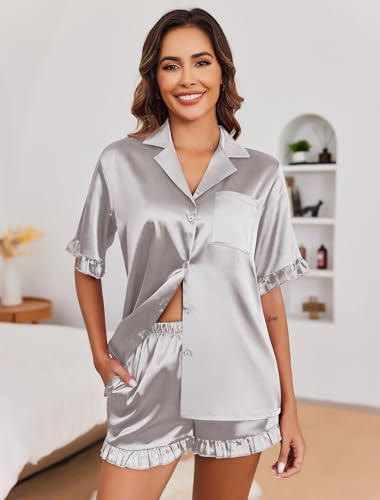 Image of Ekouaer Satin Pajama Set for Women 2 Piece Pj Sets Short Sleeve Sleepwear | Super Soft Silky Summer Loungewear Set with Ruffle Short Sleeve Top and Pocket Shorts, Casual Travel Daily Gift