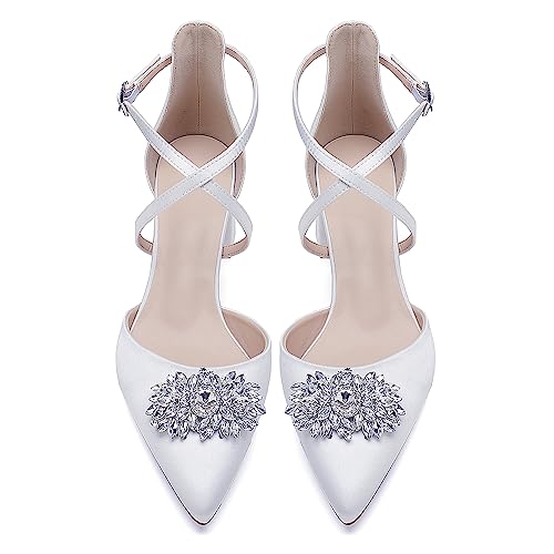 Pointed Toe Satin Wedding Shoes - White Low Heels, Rhinestones, Cross Strappy Block Heels - Comfortable Dress Shoes for Women2