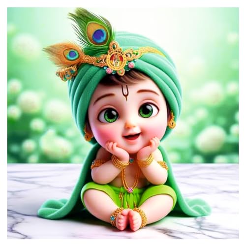 Image of Baby Green Krishna Feather Wall Poster for Pooja Room, Office, Kids Room (Size- 46CM X 46CM)