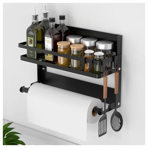 DUNSOO Kruidenrek voor aan de muur met keukenrolhouder en 4 haken, keukenrek zonder boren, van roestvrij staal, hangend wandrek voor keuken en badkamer, organizer, zwart