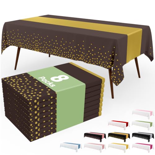 Image of Smiry Plastic Table Cloth Disposable 8 Pack, 54 x 108 Inch Rectangle Waterproof Tablecloth, Printed Gold Table Runner Style for Birthday Weeding, Party Decorations, Leakproof & Sturdy, Gold and Coffee