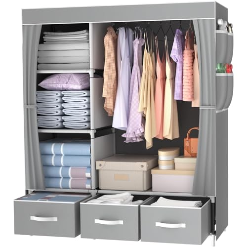 LONENESSL Canvas Wardrobe 105 x 45 x 163 cm Portable closet bedroom armoire clothes storage box simple hanging clothes wardrobe Versatile Fabric Wardrobes wardrobe for bedroom Gray