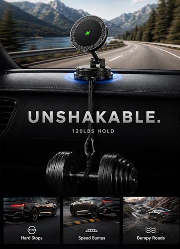 Image of 15W Magsafe Wireless Fast Charger Car Phone Mount Holder with Vacuum | ULiiZOMIR Adjustable Magnetic Mount, Strong Grip Dashboard & Windshield Holder for iPhone 12-17 and Android Devices