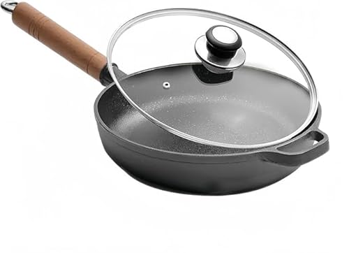 BUERPINKING Sartén de hierro fundido de 23 cm con tapa, sartén sin revestimiento, sartén de hierro fundido, mango de madera maciza, sartén para carne, cocina de gas e inducción compatible