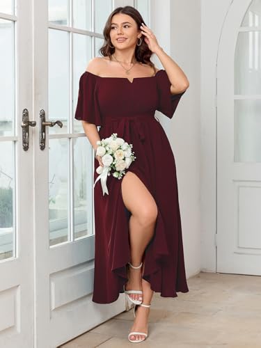 Image of SCOMCHIC Womens Plus Size Formal Dresses Off The Shoulder Wedding Guest Cocktail A-Line Split Maxi Dress with Pockets