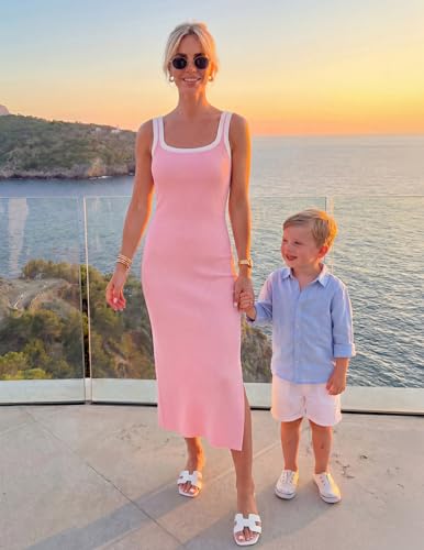 Image of ZESICA Women's 2026 Summer Bodycon Midi Dress Casual Sleeveless Square Neck Side Slit Knit Beach Vacation Long Dresses