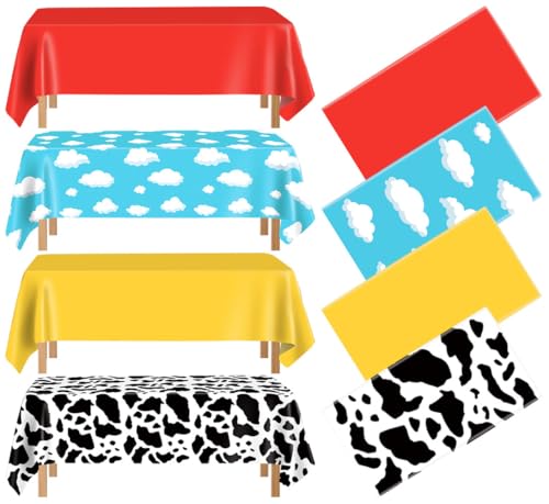 FuenteOrilla Lot de 4 nappes Story - Couleurs mélangées - Imperméable - Rectangulaire - Motif vache - Pour décoration d'anniversaire - 132,1 x 218,4 cm