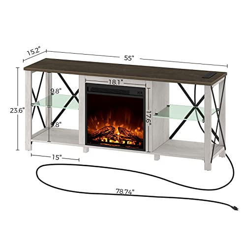 Rolanstar Fireplace Tv Stand 55" With Led Lights And Power Outlets, Entertainment Center With Adjustable Glass Shelves, Tv Console For 32" 43" 50" 55" 65", White #TOP6
