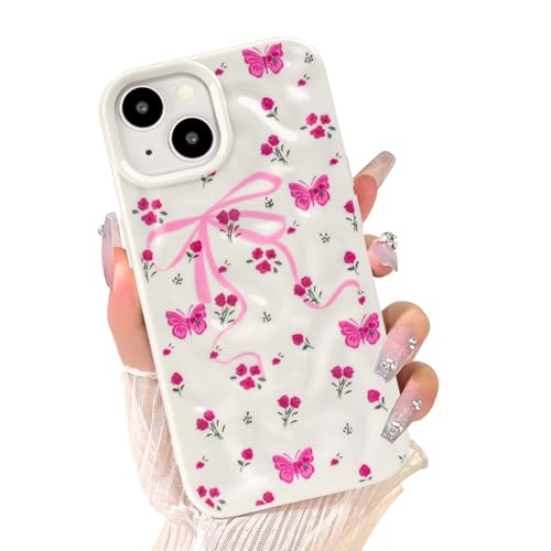 Coque pour iPhone 14 fleurs et nœuds mignons couleur blanc