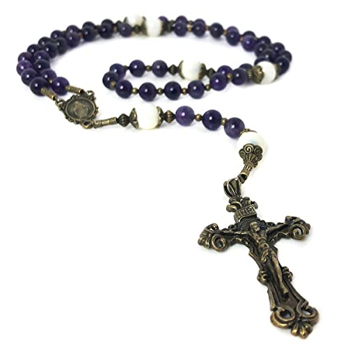 Beautiful Amethyst and Mother of Pearl Stone Rosary Beads Catholic for Women With Virgin Mary Our Lady of Graces Medal Centerpiece - Catholic Rosary - Rosarios Catolicos Para Mujer - Catholic Gifts Women - Rosario Regalos Para Mujer - Rosary Necklace for Women2