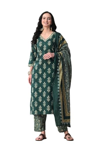 Image of MEERA FAB Women Floral Printed Sequined Cotton Straight Kurta with Palazzos & Dupatta | Sanganeri Print