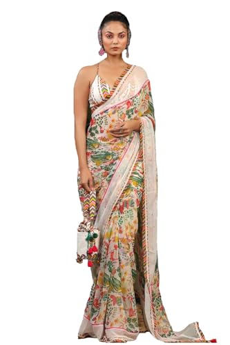 Sari en georgette fluide écru facile à draper avec tissu haut non cousu