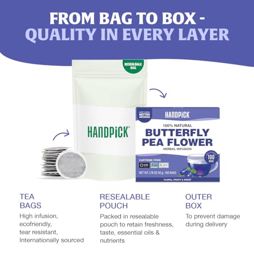 Image of HANDPICK Butterfly Pea Flower Tea (100 Count)Quality Dried Flowers, Non GMO