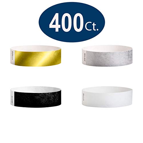 WristCo 400 Count Metallic Silver Gold Black White Variety Pack Tyvek 3/4 Inch Wristbands for Events