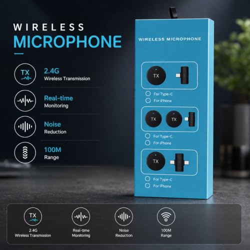 Image of Wireless Lavalier Microphone for iPhone & iPad, Plug & Play Dual Lapel Mic with Noise Reduction, 2.4GHz Wireless Transmission, Real-Time Monitoring, Mini Clip-On Mic for Vlogging, Podcast,