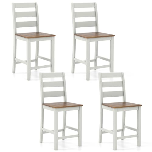 COSTWAY Butaco 24'' de Madera Set de 4 con Respaldo en Escalera | Gris y Nogal, Moderno de Medio Siglo con Reposa Pies, Patas de Madera de Acacia miniatura 1