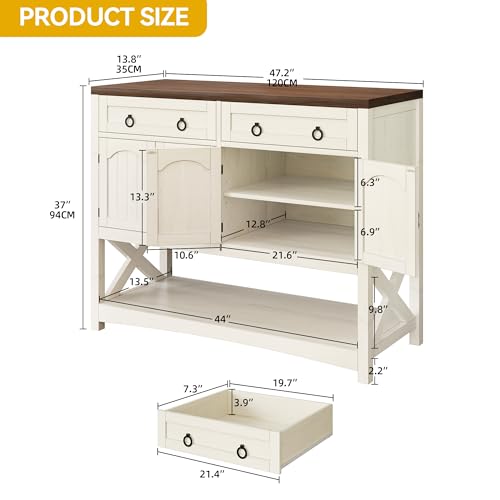DWVO 47.2" Buffet Sideboard Cabinet with Storage, Farmhouse Coffee Bar Cabinet w/2 Drawers, Wood 4-Doors Console Table with Adjustable Shelves for Kitchen, Dining Room, Living Room, Entryway (White)