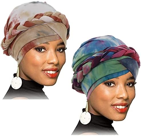 Woeoe African Turban Head Wraps Tie Dye Braid Beanie Cap Headwrap Soft Stretch Head Cover Cap Headwear for Women and Girls(Pack of 2)
