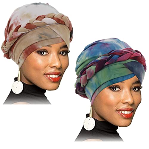 Woeoe African Turban Head Wraps Tie Dye Braid Beanie Cap Headwrap Soft Stretch Head Cover Cap Headwear For Women And Girls(Pack Of 2) #TOP3
