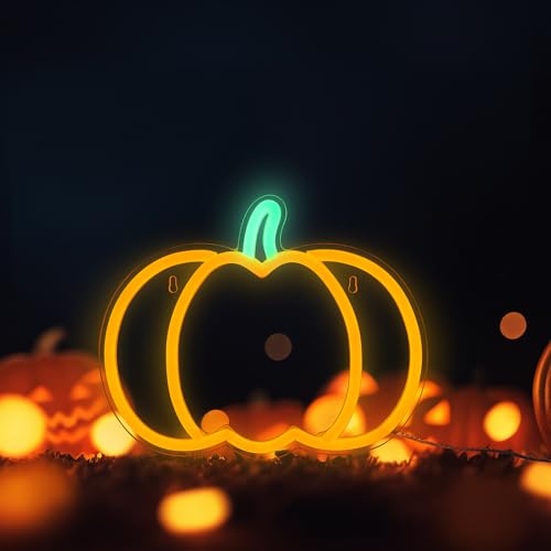 Image of Halloween Decorations Pumpkin Neon Sign, 7.3*9in Dimmable Neon Sign Hanging for Wall, Indoor Cute Vintage Fall Thanksgiving Decor for Table Home Kitchen Bedroom Living Room Bar Pub Club Party, Indoor Battery Operated or USB