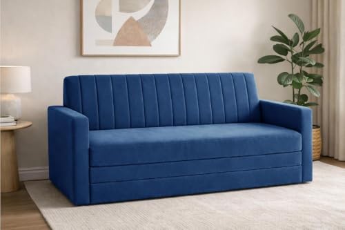 Image of Deco Studio Three Seater Sofa Cum Bed for Living Room | Convertible Sofa Bed | Vertical Channel Backrest | Space Saving Sofa Sleeper for Home, Guest Room & Office-Blue