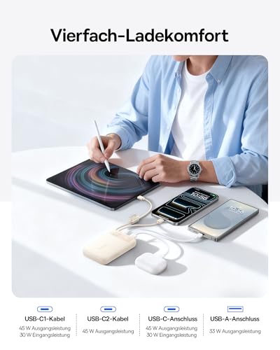 Baseus FC11 Powerbank 45W 20000mAh Tragbares Ladegerät mit Dual Integriertem Kabel, CCC Kleine Powerbank mit Smart Display, Einziehbares Kabel, Akkupack für iPhone 17/16, iPad, Laptop, Samsung, Pixel 4