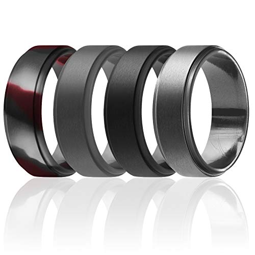 ROQ Silicone Rubber Wedding Ring for Men, Comfort Fit, Men's Wedding Band, Breathable Rubber Engagement Band, 8mm Wide 2mm Thick, Step Edge, 4 Pack, Black, Grey, Dark Silver, Bordeaux Camo, Size 14