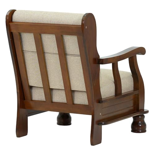 Image of Royaloak Melaka Wooden Single Seater Sofa with Beige Colour Cushion | Solid Wood | Fabric Cushion Cover | Moulded Foam Cushions | Curved Arm Design | Durable & Long Lasting | Malaysian Collection