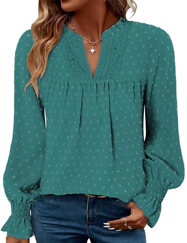BETTE BOUTIK Boho Shirts Womens Long Sleeve Plus Size Crochet Blouses Dressy Casual Fall Winter V Neck Loose Western Flowy Tops Babydoll Chic Cute Shirt Azure 3X