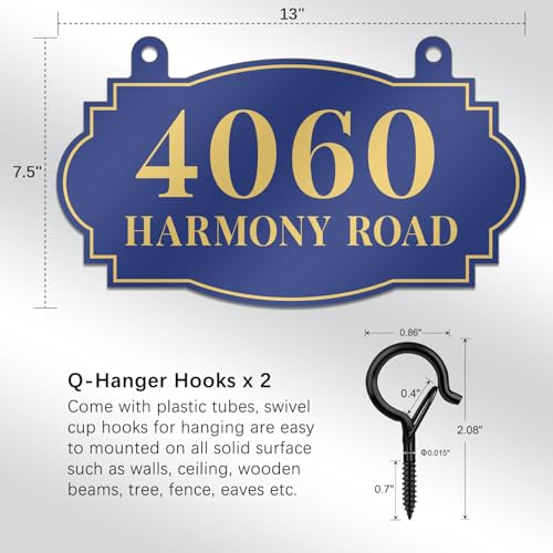 Image of Hanging Address Sign, Custom House Number Sign, Mailbox Numbers for Outside | 13 Inch Metal Address Plaques, Single or Double Sided, Super Reflective, Display Your Address and Street Name
