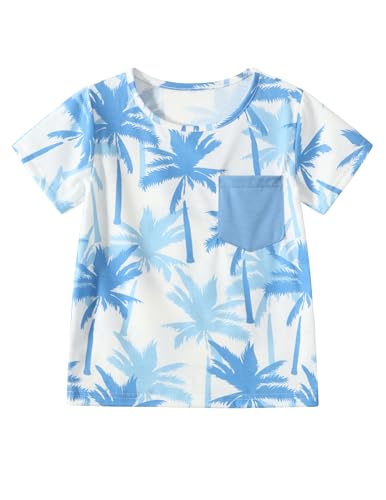 Image of Boy Shorts Sets Summer Hawaii Outfit Palm Print Short Sleeve T-Shirt and Drawstring Cotton Shorts with Pockets