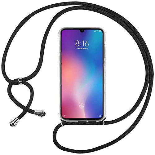Ingen Funda con Cuerda para Xiaomi Mi 9 SE - Carcasa Transparente TPU Suave Silicona Case con Colgante - Negro