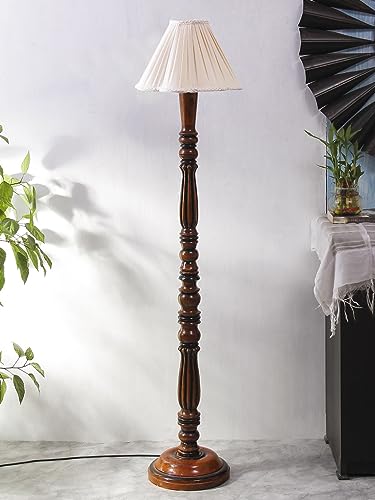 Image of Vintage Cotton Shade Wooden Floor Lamp - Height 53 Inches | Classic Standing Lamp for Living Room, Bedroom & Office | Stylish Home Decor Lighting with Elegant Wooden Base