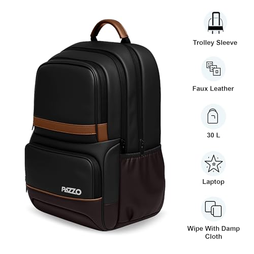 PAZZO Classic 30L Vegan Leather Laptop Backpack (Black) Black-Brown - Image 4