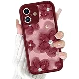 Cinysnt Cute Burgundy Wine Red Flower Phone Case for iPhone 17 Case 6.3', Aesthetic Floral Pattern Design Shockproof Soft Slim TPU Full Camera Lens Protective Red Cover Funda for Women Girls