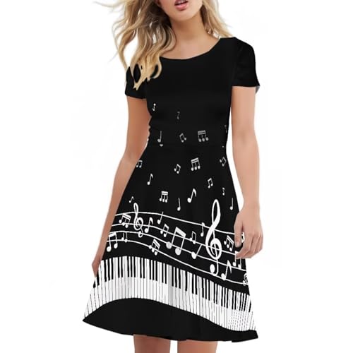 Image of POLERO Women Puffy Swing Elegant Party Midi Dresses Short Sleeve Round Neck A-Line Dress