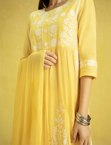 Image of Kaari Women's Chikankari Kurta Set with Dupatta -Fit & Flare Fit | Chiffon Dupatta with Embroidered Band | Straight Pant with Side Pocket | Kurta Set For Women