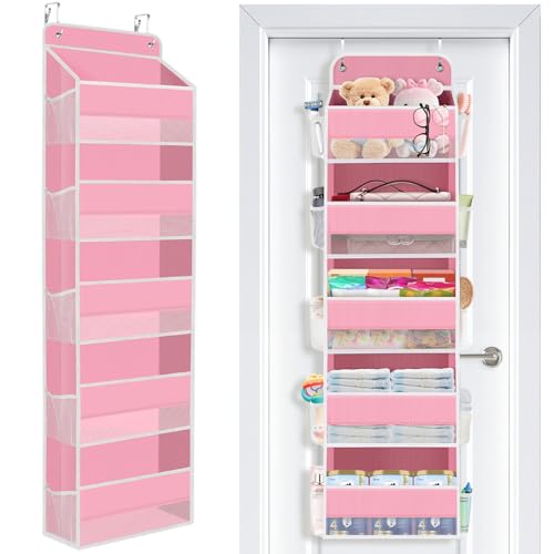 Image of SpaceWhisper Over the Door Organizer, 5 Large Pocket Hanging Storage Organizer with 40lb Capacity, Space Saving for Nursery, Bathroom, Bedroom, Closet - Baby Essentials & Toiletry Organizer (Pink)
