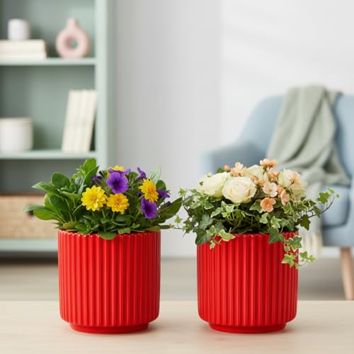 Image of Xtore 2Pc Striking Ribbed Red Ceramic Planter Pot for Indoor Plants & Bonsai Styling | Compact Round Design for Tabletop, Shelf & Desk Decor (Red, Pack of 2 - Planters only)