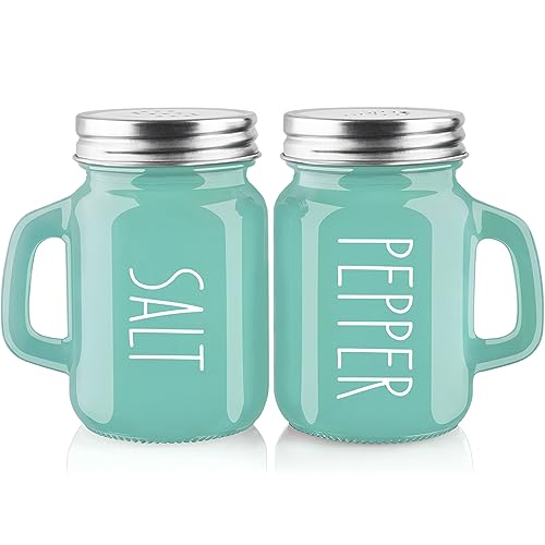 Turquoise Salt and Pepper Shakers Set - Teal Kitchen Decor and Accessories for Home Restaurants Wedding - Glass Salt and Pepper Set for Cooking Table, RV, BBQ, Easy to Clean & Refill