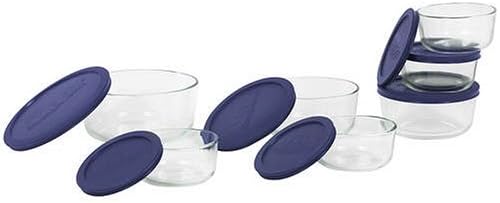 Pyrex 692264408076 Storage 14-Piece Round Set, Clear with Blue Lids