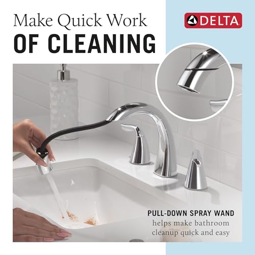 Delta Arvo Chrome Bathroom Faucet with Sprayer, 8 Inch 3 Hole Widespread Bathroom Sink Faucet with Pull Out Sprayer, Push-Pop Drain, Chrome 35840LF-PD by DELTA - Used condition - Image 2